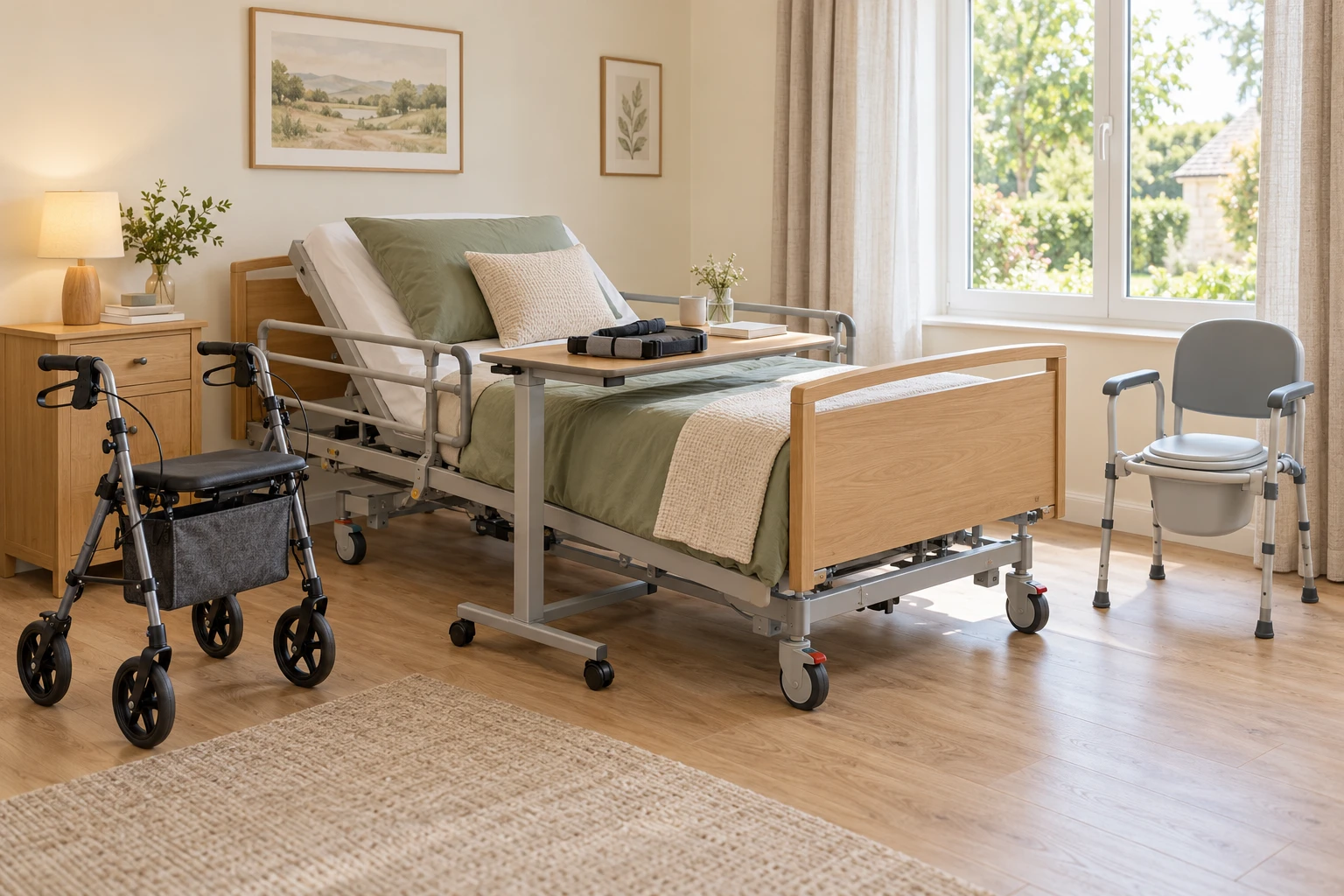 Exemple illustré de chambre à domicile avec lit médicalisé, table de lit, rollator et chaise garde-robe