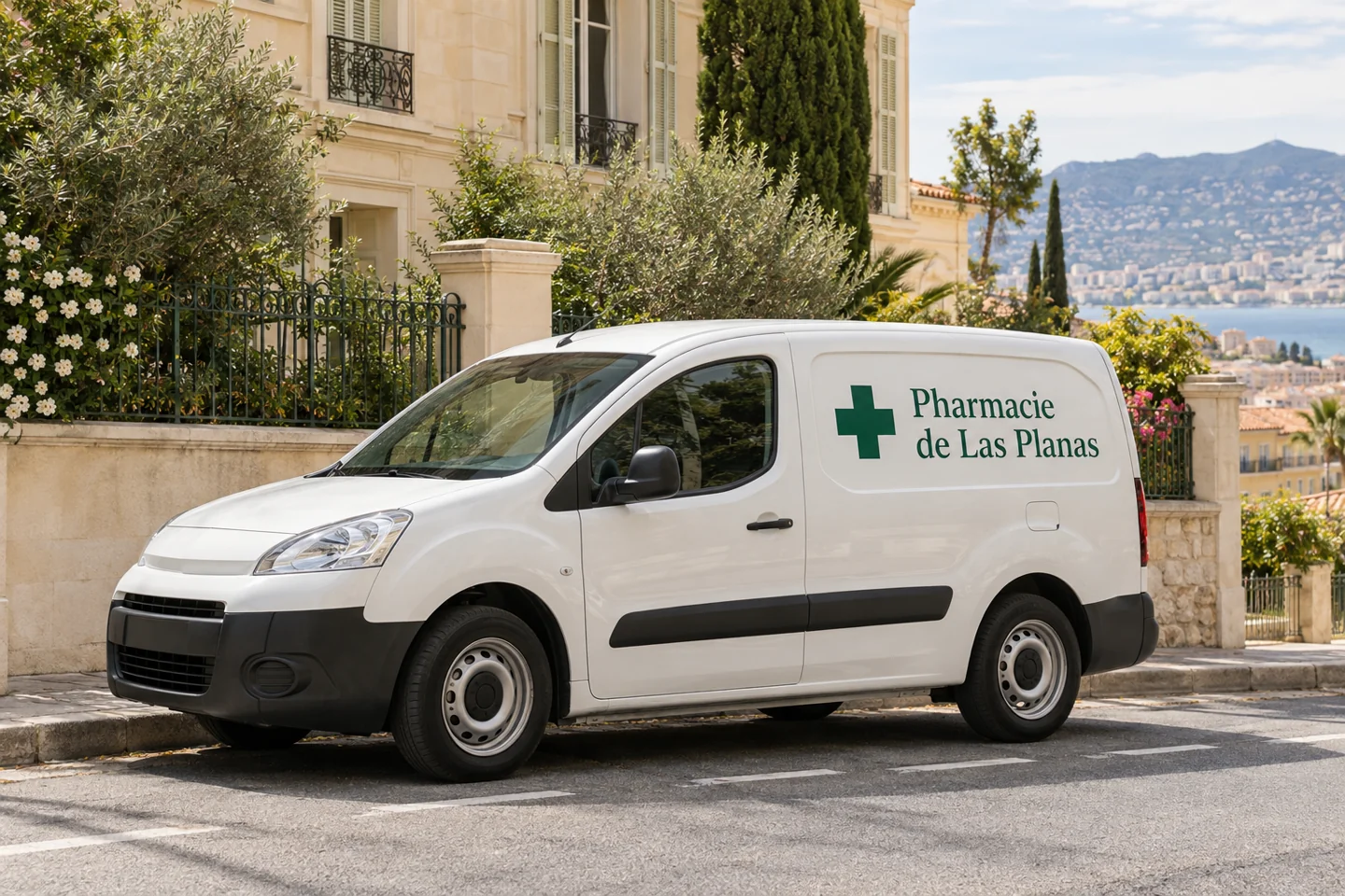 Illustration : camionnette blanche de type Berlingo floquée Pharmacie de Las Planas