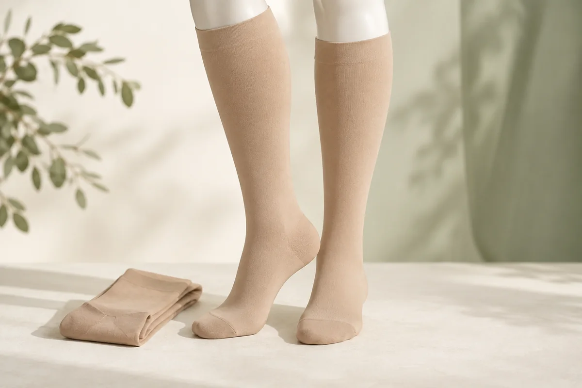 Illustration IA : chaussettes de compression médicale beiges sur jambes de mannequin