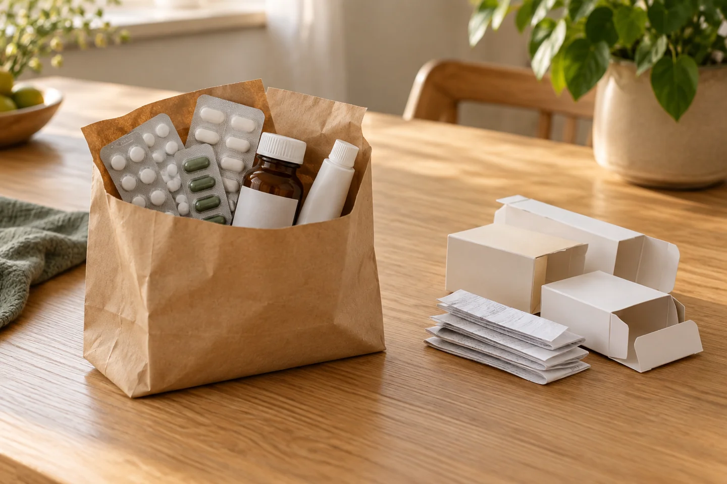 Illustration : médicaments non utilisés regroupés dans un sac, prêts à être rapportés en pharmacie